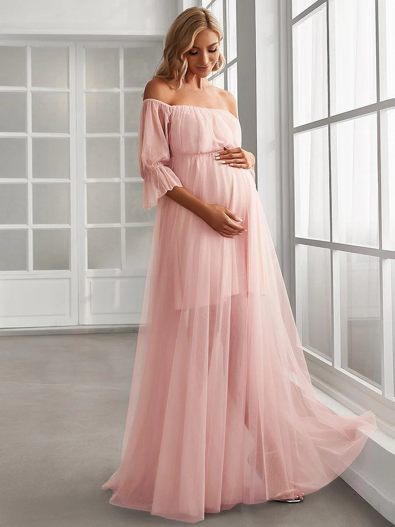 Maxi robe de maternité en tulle plissé à épaules dénudées (Vente finale)