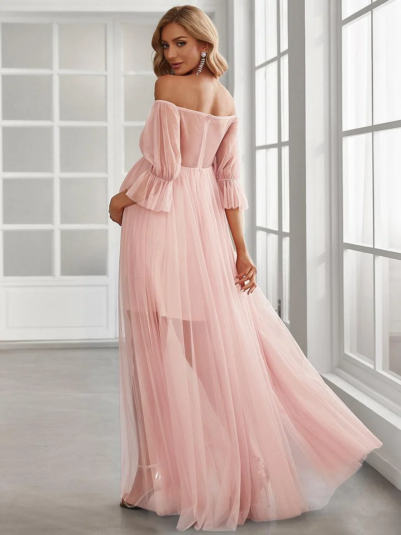 Maxi robe de maternité en tulle plissé à épaules dénudées (Vente finale)