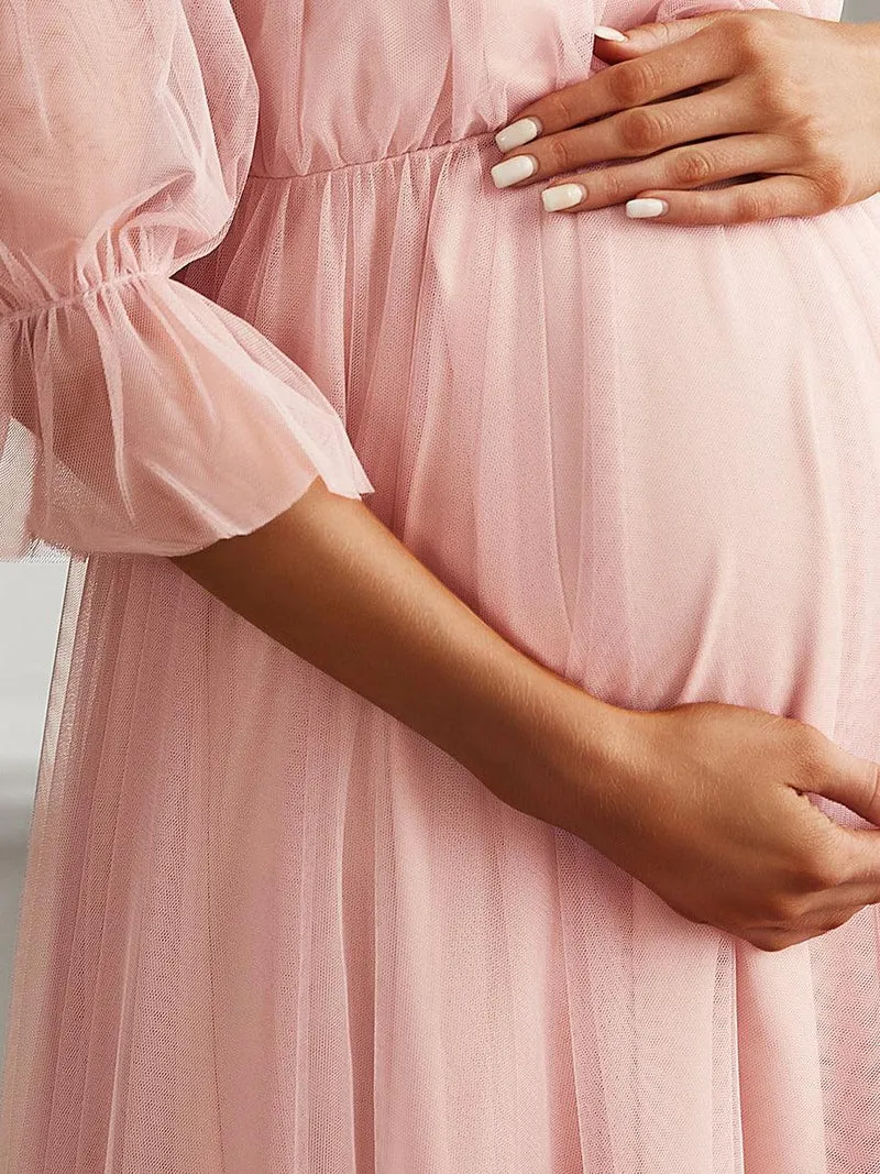 Maxi robe de maternité en tulle plissé à épaules dénudées (Vente finale)