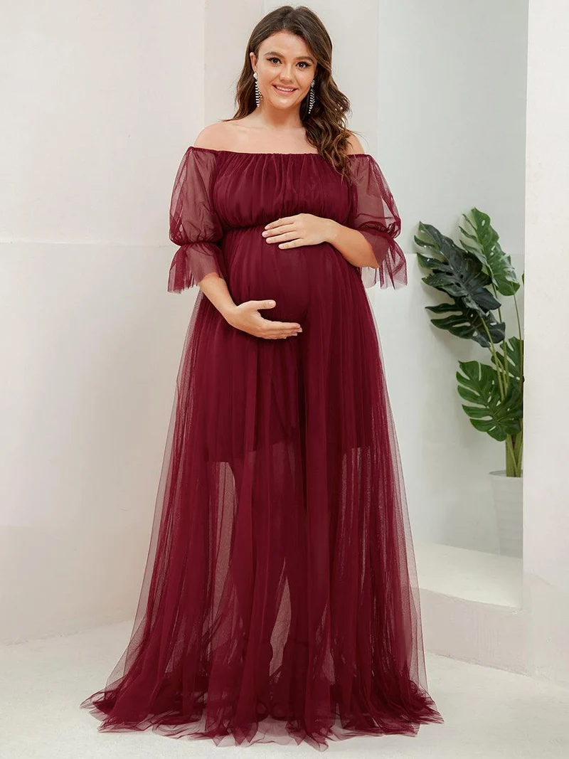 Maxi robe de maternité en tulle plissé à épaules dénudées (Vente finale)