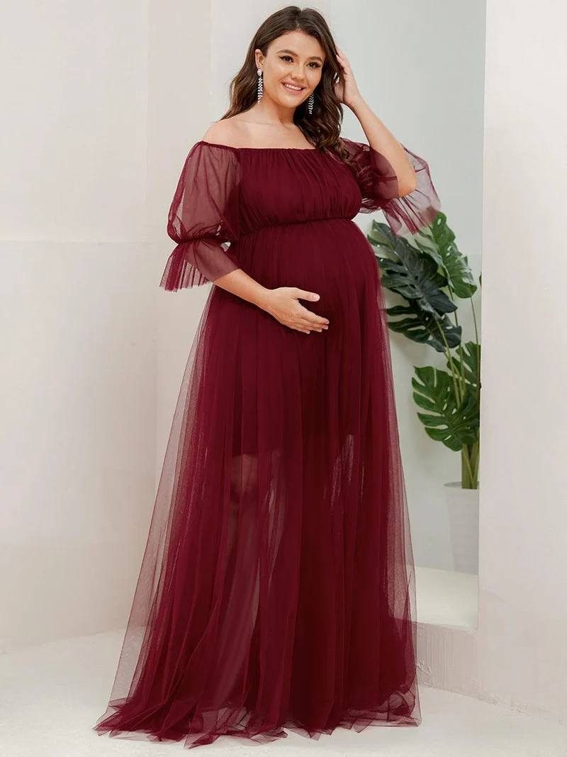 Maxi robe de maternité en tulle plissé à épaules dénudées (Vente finale)