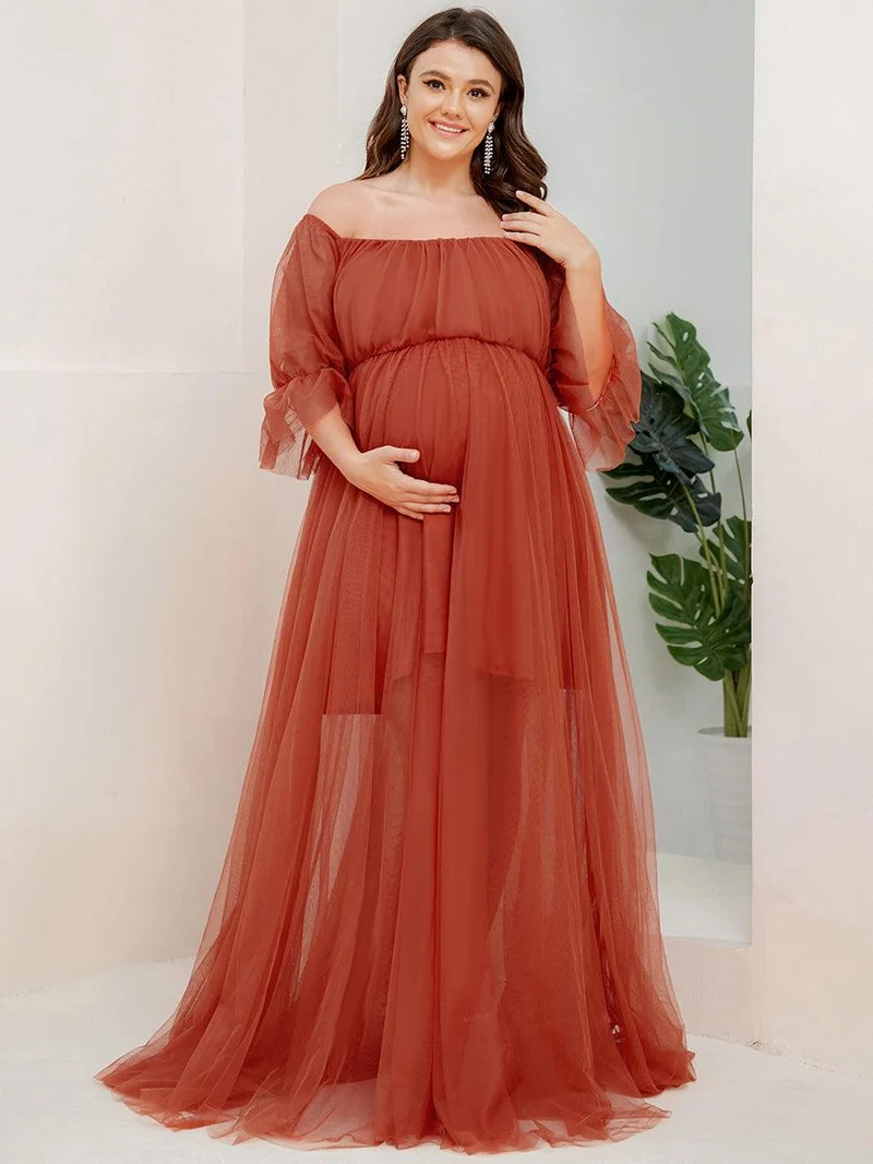 Maxi robe de maternité en tulle plissé à épaules dénudées (Vente finale)