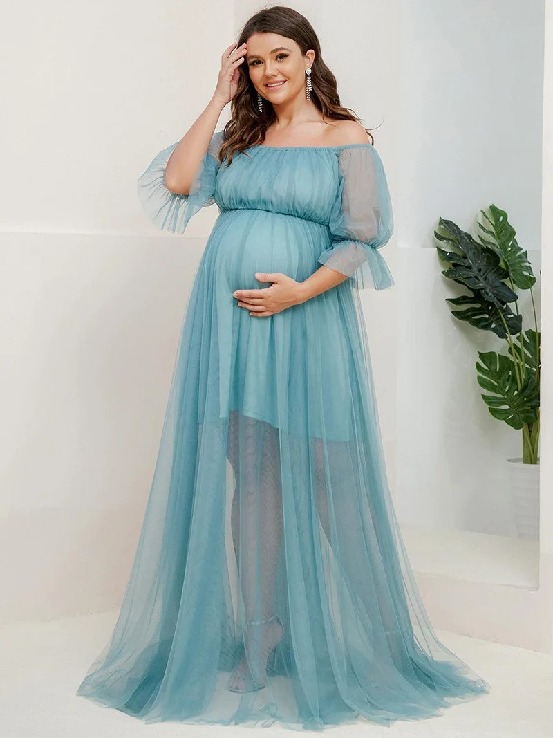 Maxi robe de maternité en tulle plissé à épaules dénudées (Vente finale)