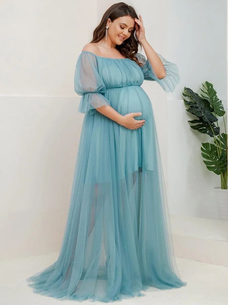Maxi robe de maternité en tulle plissé à épaules dénudées (Vente finale)