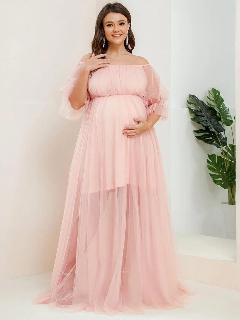 Maxi robe de maternité en tulle plissé à épaules dénudées (Vente finale)