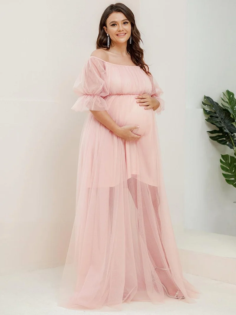 Maxi robe de maternité en tulle plissé à épaules dénudées (Vente finale)