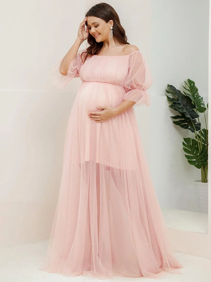 Maxi robe de maternité en tulle plissé à épaules dénudées (Vente finale)