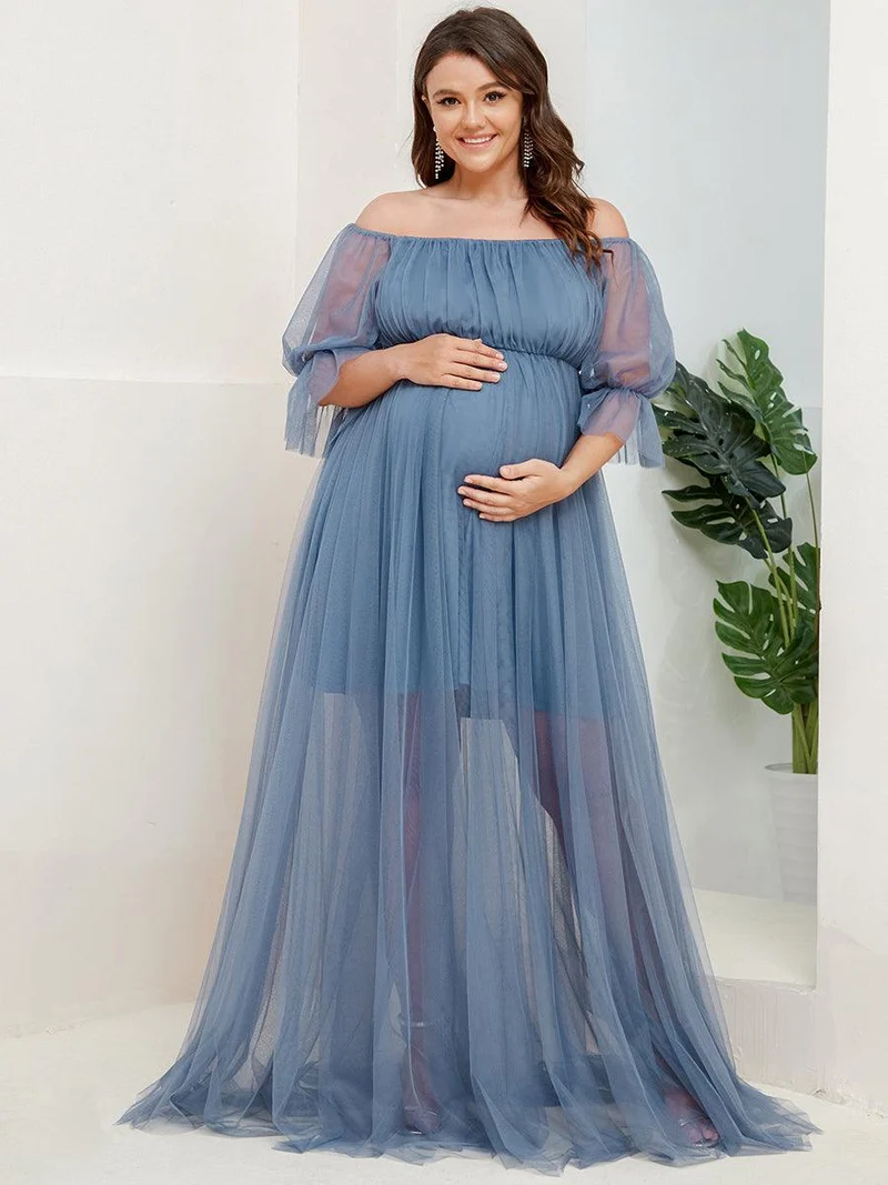 Maxi robe de maternité en tulle plissé à épaules dénudées (Vente finale)