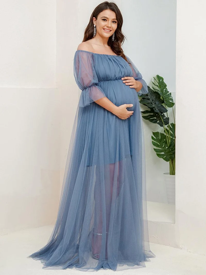 Maxi robe de maternité en tulle plissé à épaules dénudées (Vente finale)