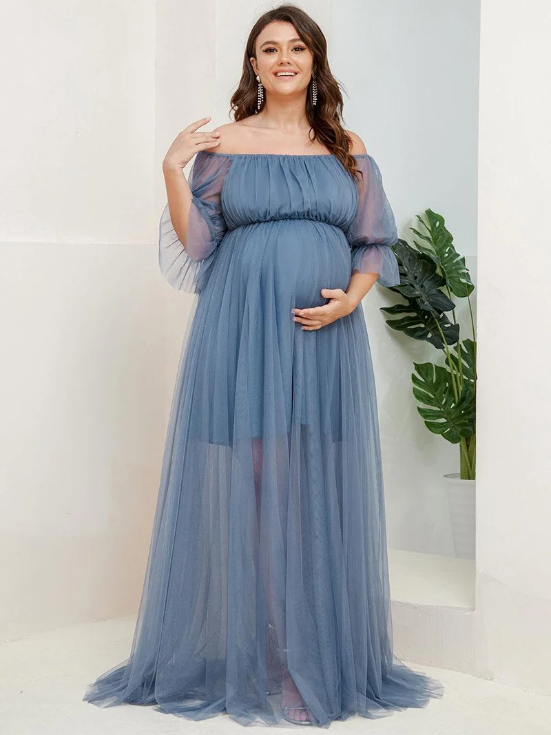 Maxi robe de maternité en tulle plissé à épaules dénudées (Vente finale)