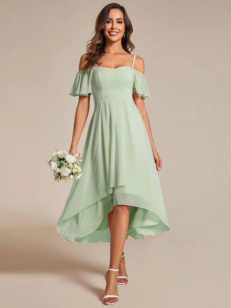 ever JORDANE|Robes d'invitées de mariage en mousseline épaules dénudées hautes et basses manches courtes (Vente finale)