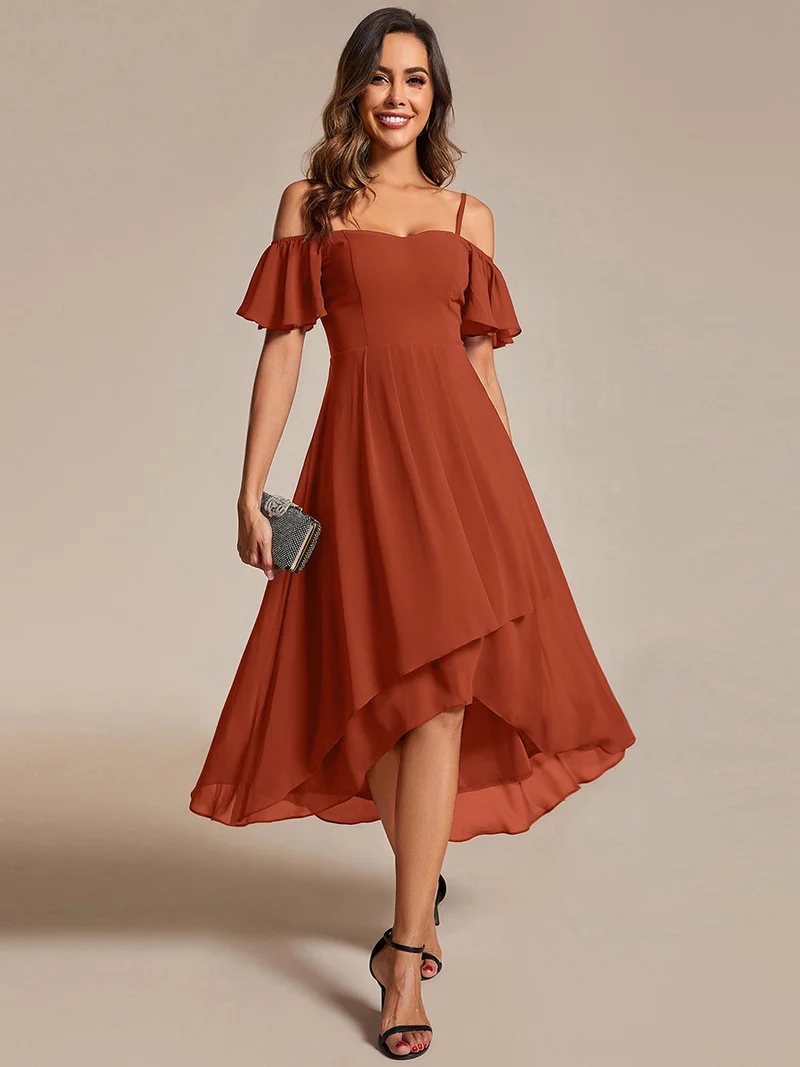 ever JORDANE|Robes d'invitées de mariage en mousseline épaules dénudées hautes et basses manches courtes