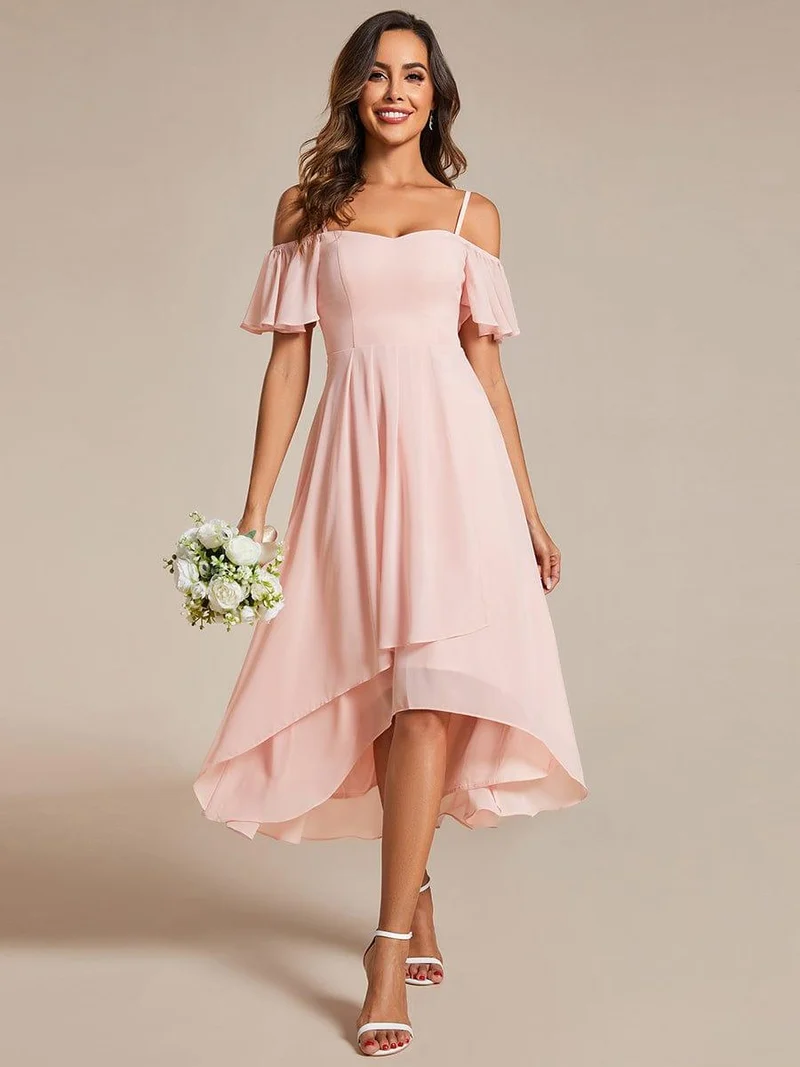 ever JORDANE|Robes d'invitées de mariage en mousseline épaules dénudées hautes et basses manches courtes