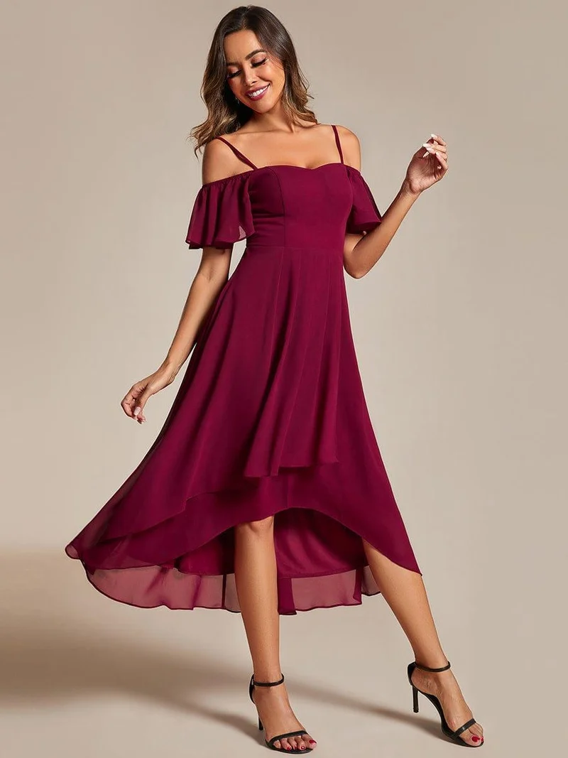 ever JORDANE|Robes d'invitées de mariage en mousseline épaules dénudées hautes et basses manches courtes