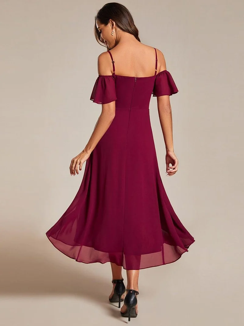 ever JORDANE|Robes d'invitées de mariage en mousseline épaules dénudées hautes et basses manches courtes