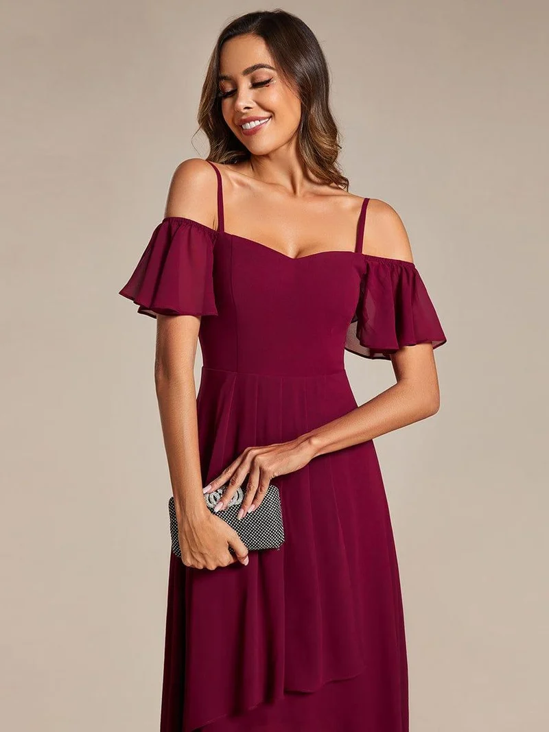 ever JORDANE|Robes d'invitées de mariage en mousseline épaules dénudées hautes et basses manches courtes