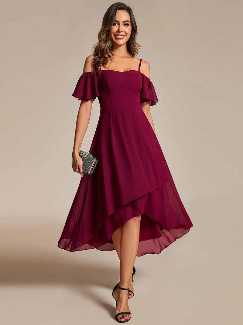ever JORDANE|Robes d'invitées de mariage en mousseline épaules dénudées hautes et basses manches courtes