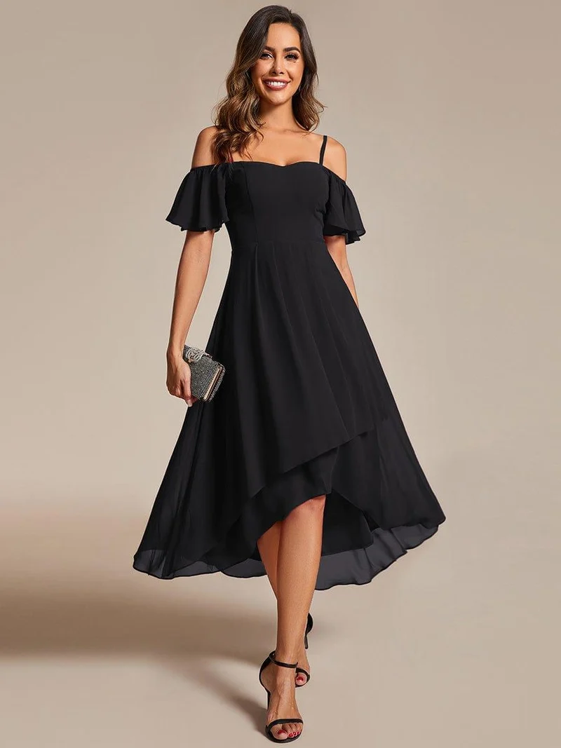 ever JORDANE|Robes d'invitées de mariage en mousseline épaules dénudées hautes et basses manches courtes