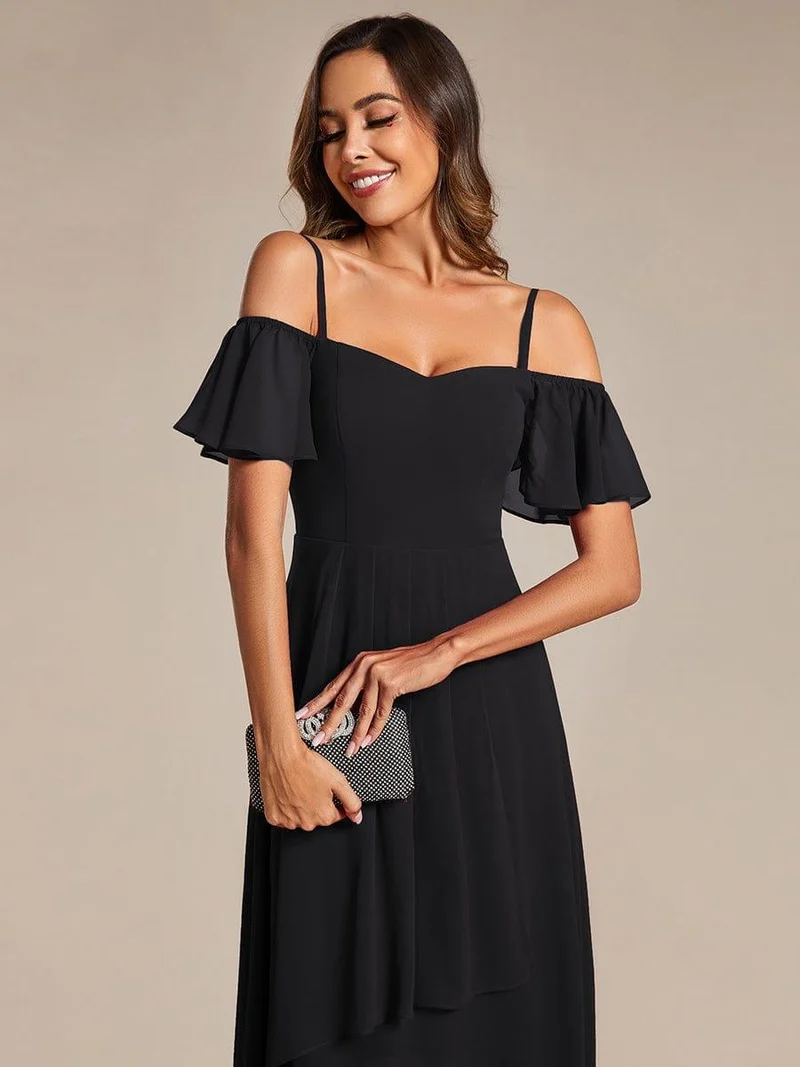 ever JORDANE|Robes d'invitées de mariage en mousseline épaules dénudées hautes et basses manches courtes