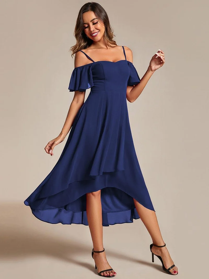 ever JORDANE|Robes d'invitées de mariage en mousseline épaules dénudées hautes et basses manches courtes