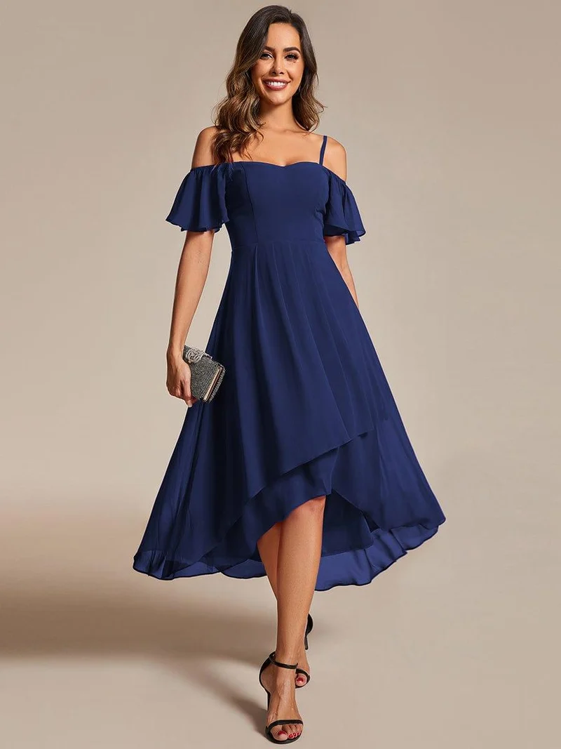 ever JORDANE|Robes d'invitées de mariage en mousseline épaules dénudées hautes et basses manches courtes