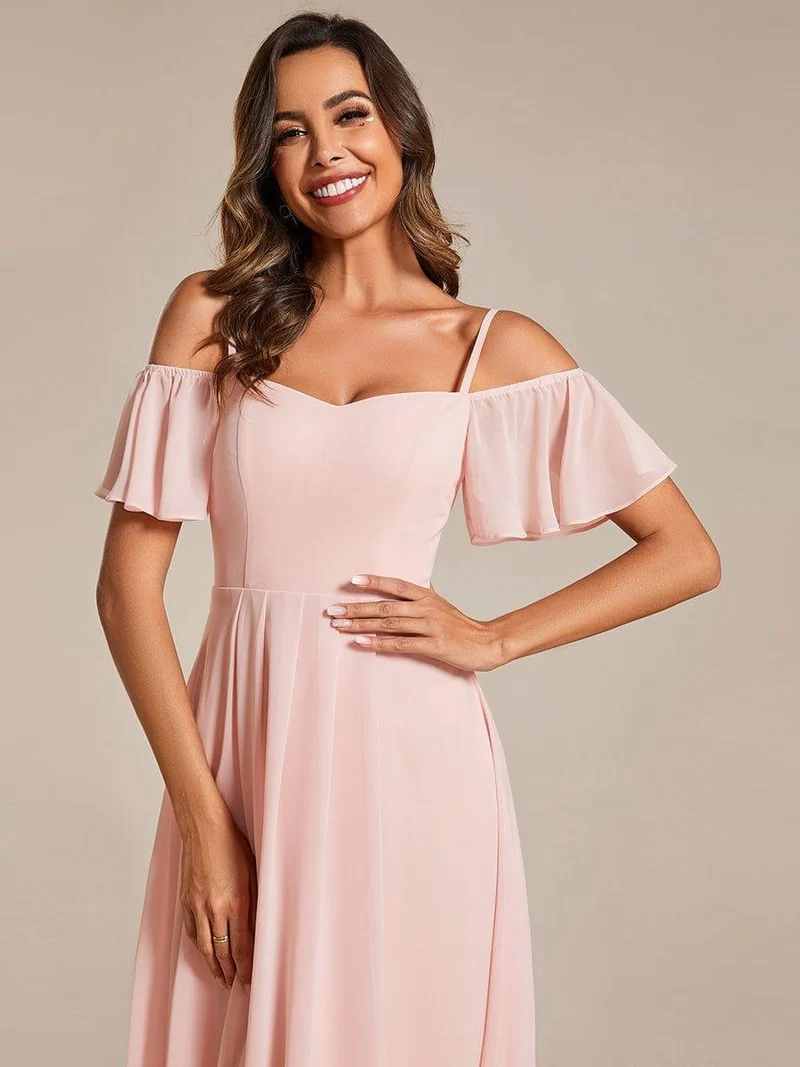ever JORDANE|Robes d'invitées de mariage en mousseline épaules dénudées hautes et basses manches courtes