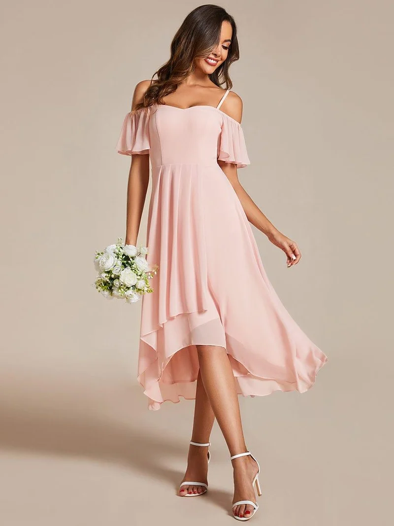 ever JORDANE|Robes d'invitées de mariage en mousseline épaules dénudées hautes et basses manches courtes