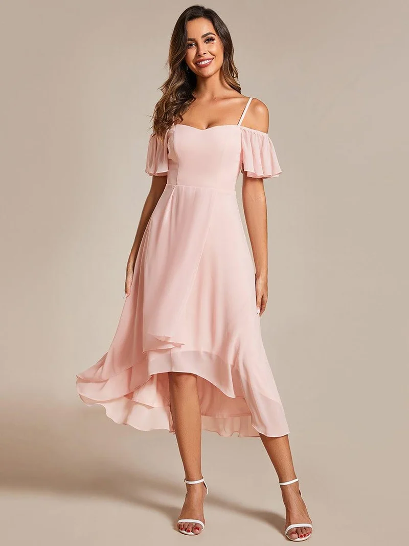 ever JORDANE|Robes d'invitées de mariage en mousseline épaules dénudées hautes et basses manches courtes