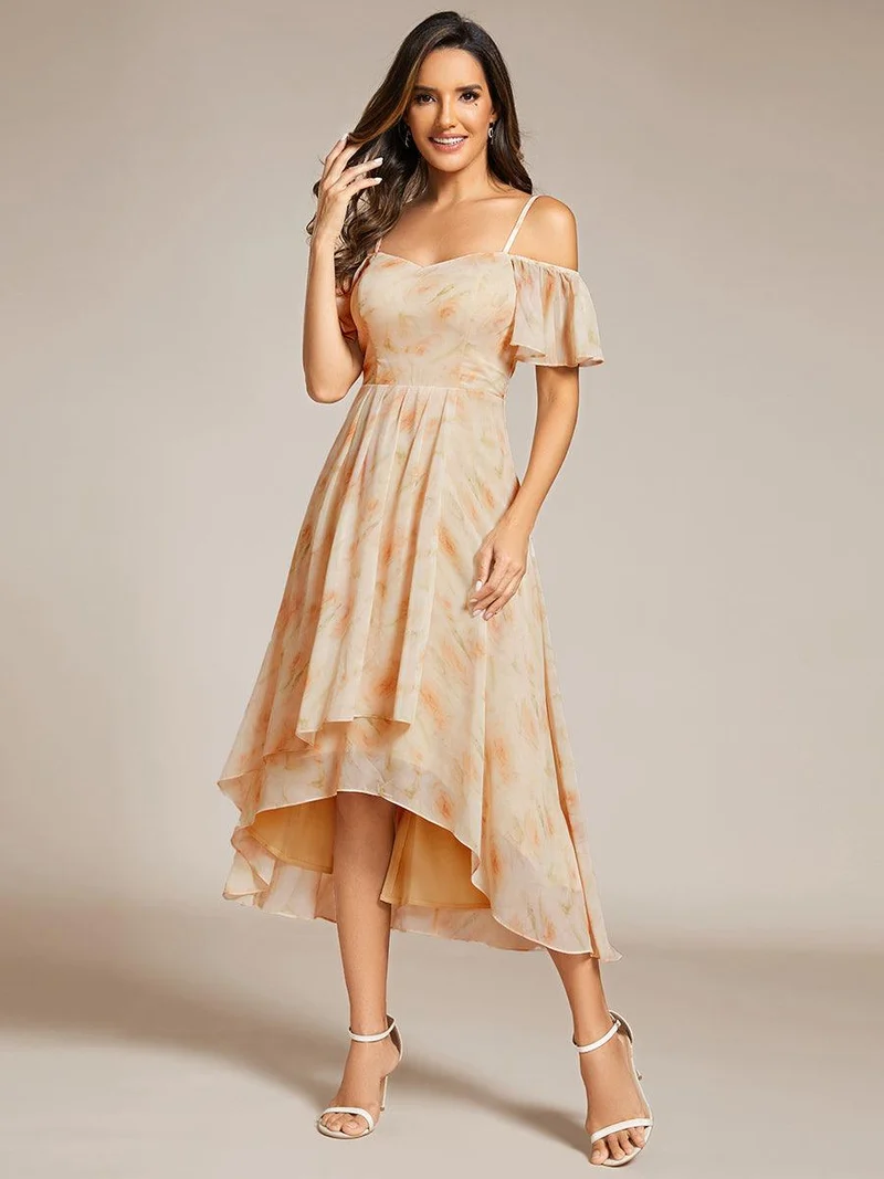 ever JORDANE|Robes d'invitées de mariage en mousseline épaules dénudées hautes et basses manches courtes