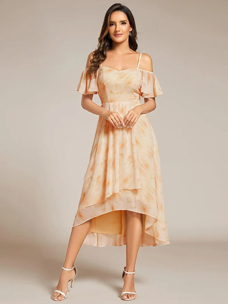 ever JORDANE|Robes d'invitées de mariage en mousseline épaules dénudées hautes et basses manches courtes