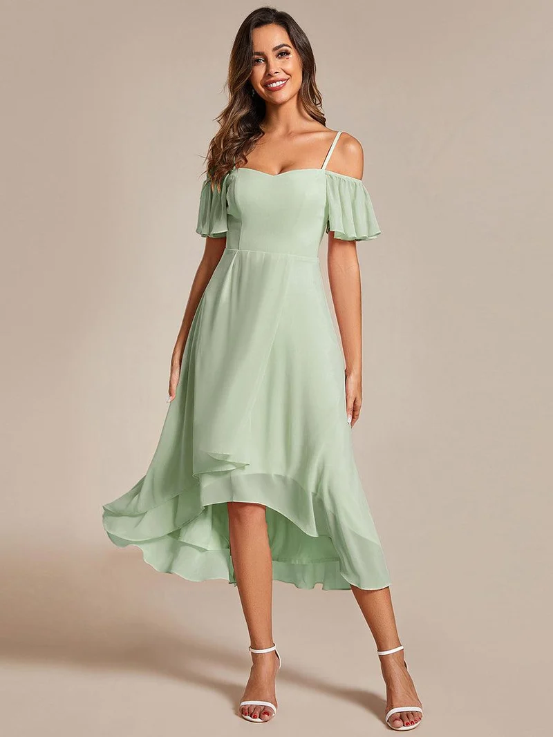 ever JORDANE|Robes d'invitées de mariage en mousseline épaules dénudées hautes et basses manches courtes