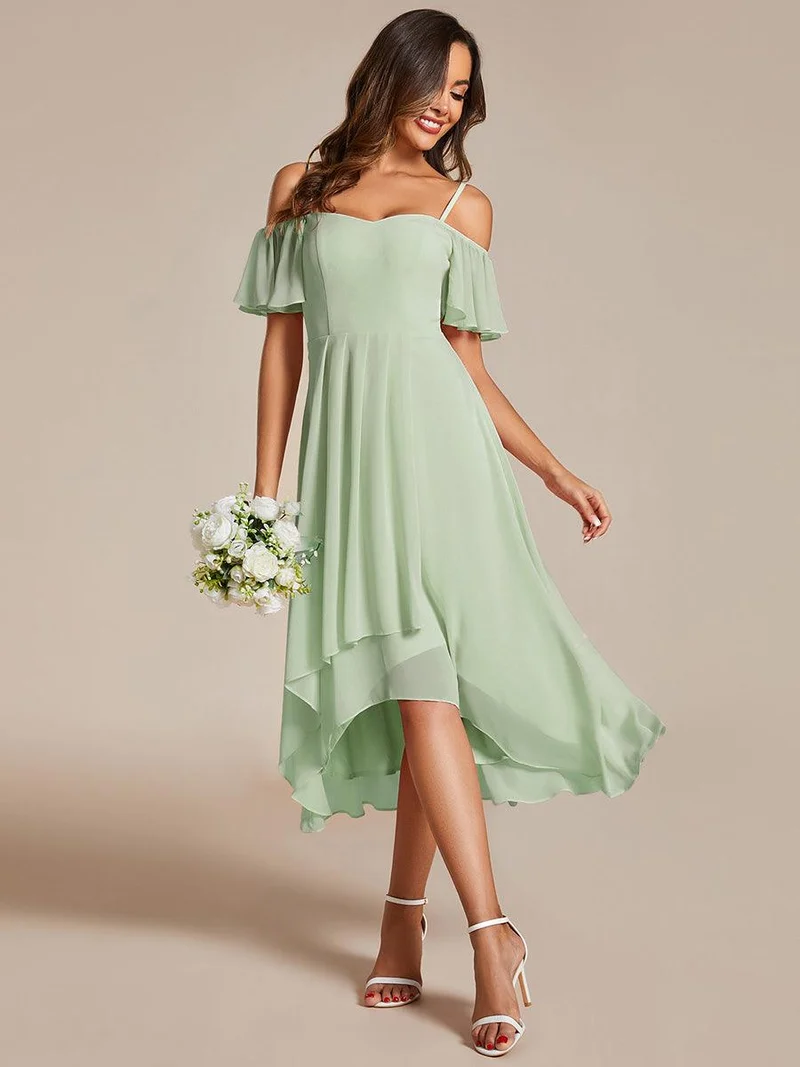 ever JORDANE|Robes d'invitées de mariage en mousseline épaules dénudées hautes et basses manches courtes