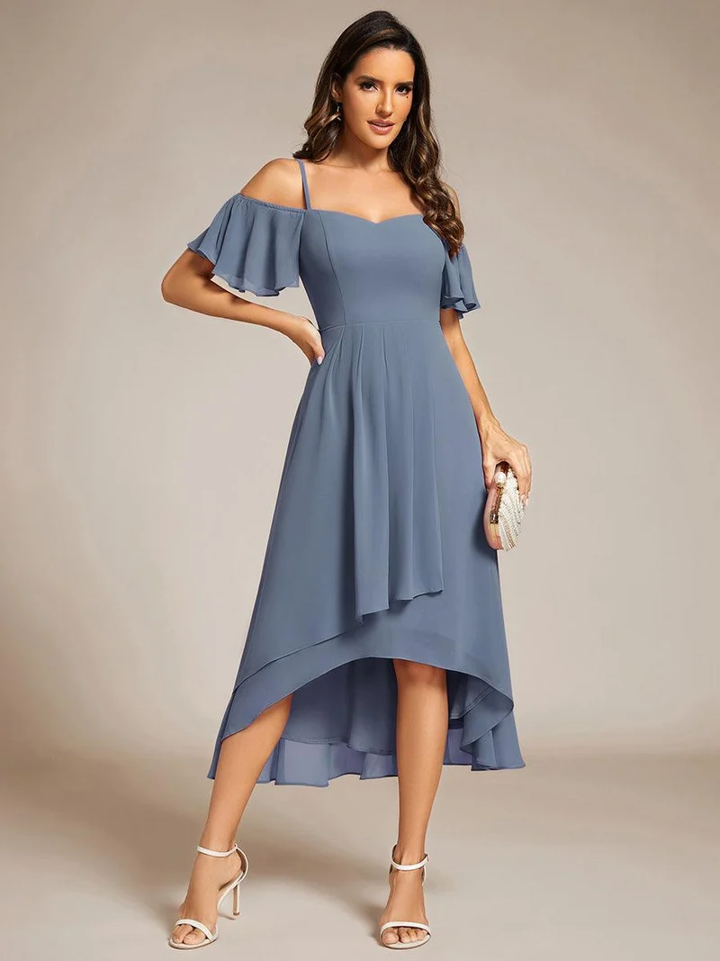 ever JORDANE|Robes d'invitées de mariage en mousseline épaules dénudées hautes et basses manches courtes