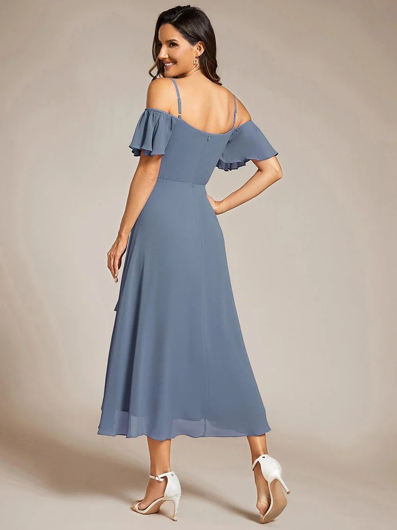ever JORDANE|Robes d'invitées de mariage en mousseline épaules dénudées hautes et basses manches courtes