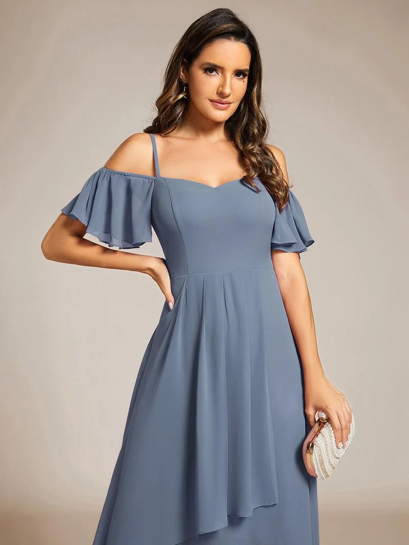ever JORDANE|Robes d'invitées de mariage en mousseline épaules dénudées hautes et basses manches courtes