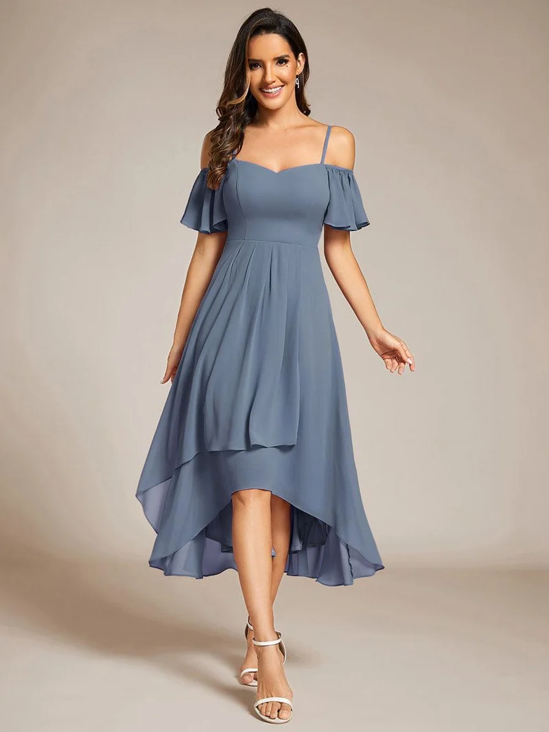 ever JORDANE|Robes d'invitées de mariage en mousseline épaules dénudées hautes et basses manches courtes