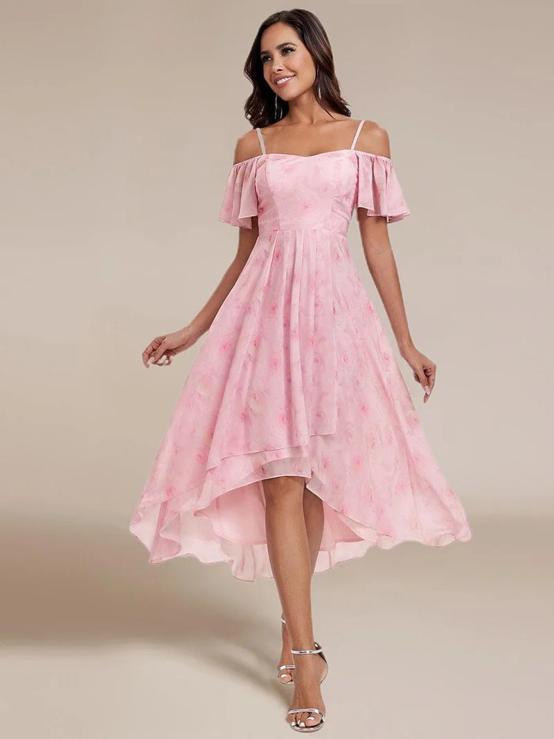 ever JORDANE|Robes d'invitées de mariage en mousseline épaules dénudées hautes et basses manches courtes
