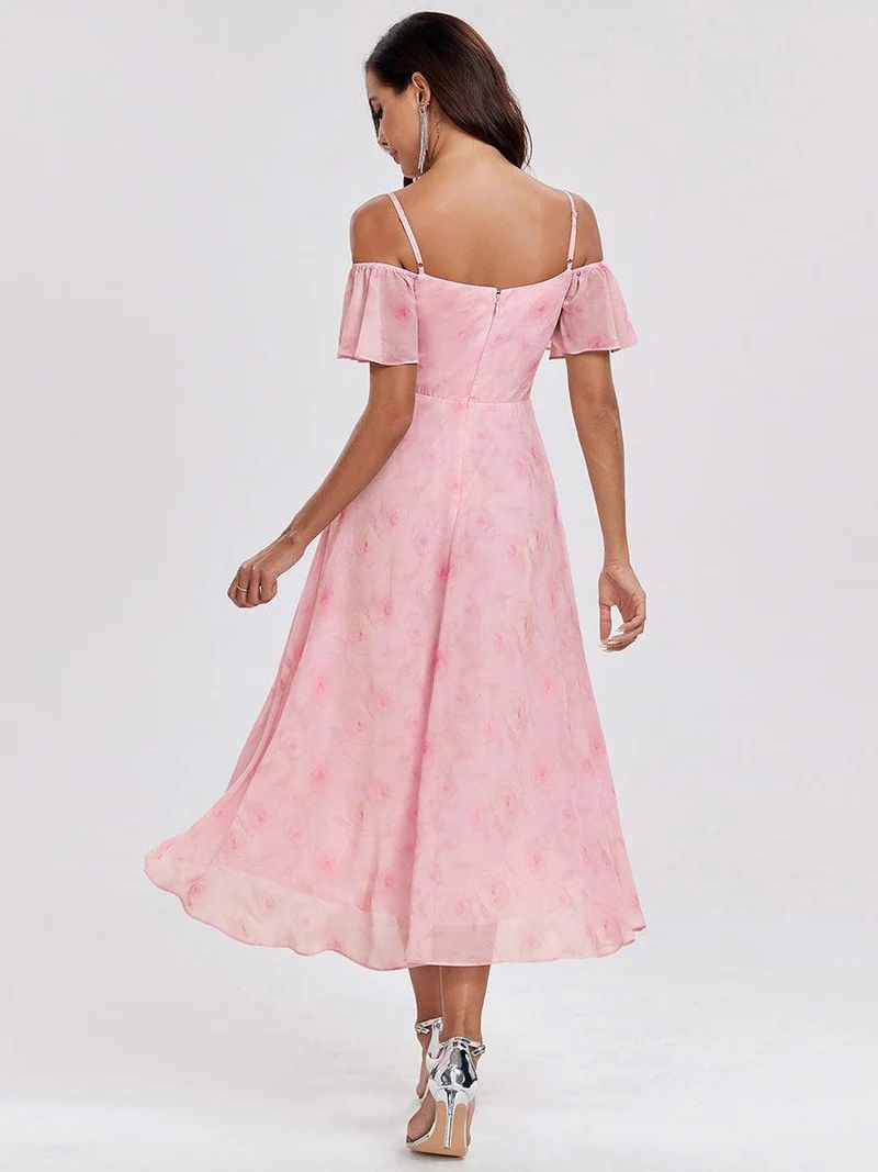ever JORDANE|Robes d'invitées de mariage en mousseline épaules dénudées hautes et basses manches courtes