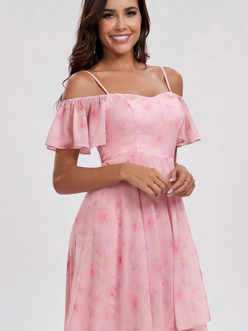ever JORDANE|Robes d'invitées de mariage en mousseline épaules dénudées hautes et basses manches courtes