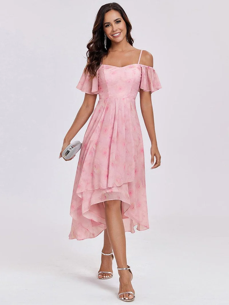 ever JORDANE|Robes d'invitées de mariage en mousseline épaules dénudées hautes et basses manches courtes