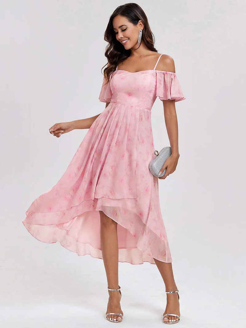 ever JORDANE|Robes d'invitées de mariage en mousseline épaules dénudées hautes et basses manches courtes