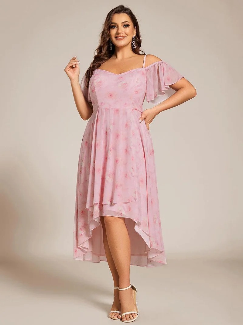 ever JORDANE|Robes d'invitées de mariage en mousseline épaules dénudées hautes et basses manches courtes