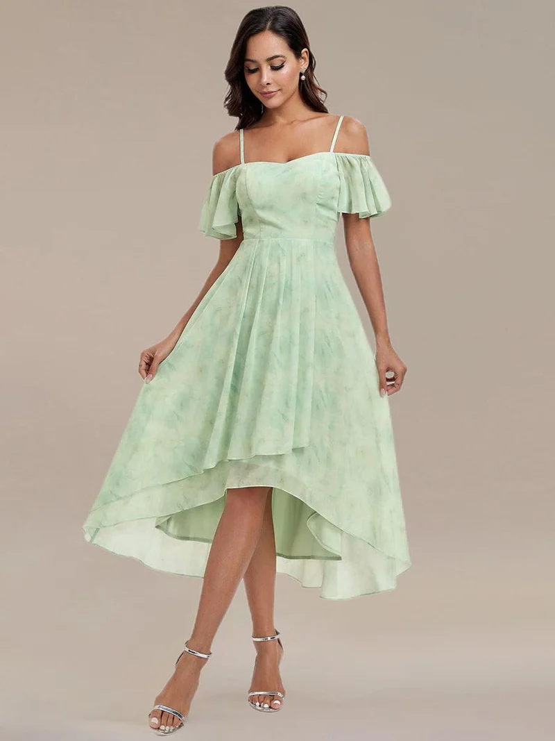 ever JORDANE|Robes d'invitées de mariage en mousseline épaules dénudées hautes et basses manches courtes