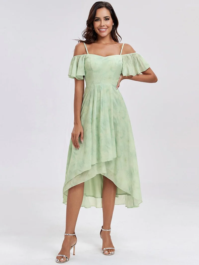 ever JORDANE|Robes d'invitées de mariage en mousseline épaules dénudées hautes et basses manches courtes