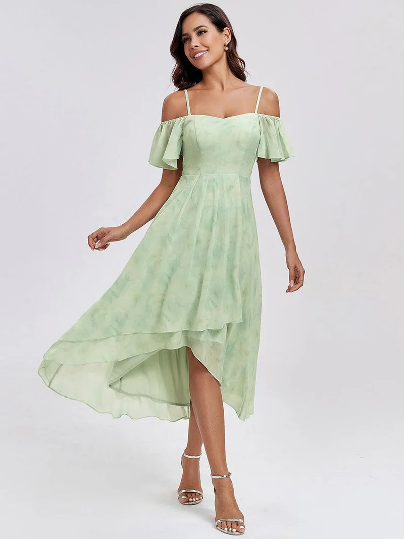ever JORDANE|Robes d'invitées de mariage en mousseline épaules dénudées hautes et basses manches courtes