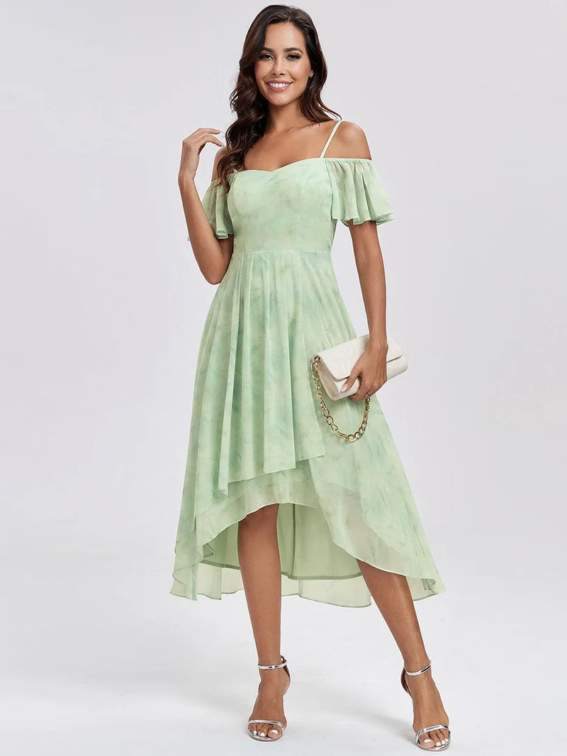 ever JORDANE|Robes d'invitées de mariage en mousseline épaules dénudées hautes et basses manches courtes