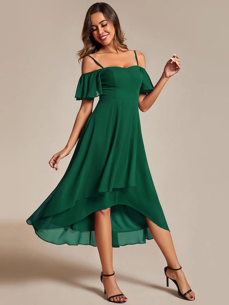 ever JORDANE|Robes d'invitées de mariage en mousseline épaules dénudées hautes et basses manches courtes