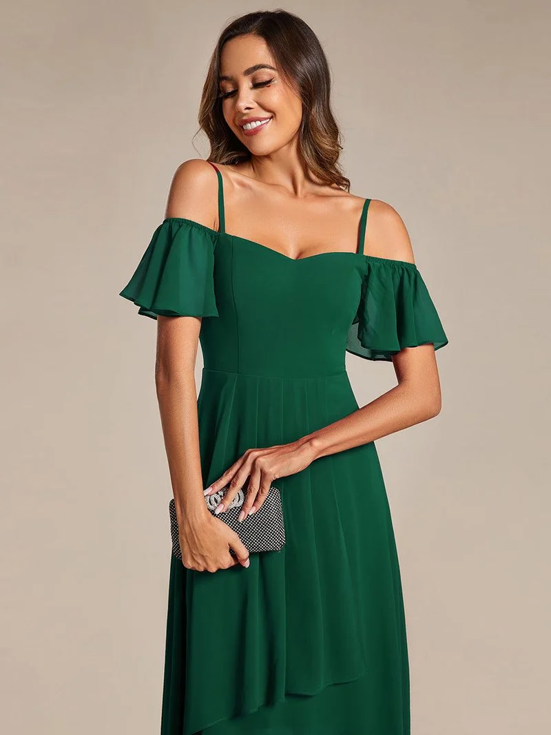 ever JORDANE|Robes d'invitées de mariage en mousseline épaules dénudées hautes et basses manches courtes