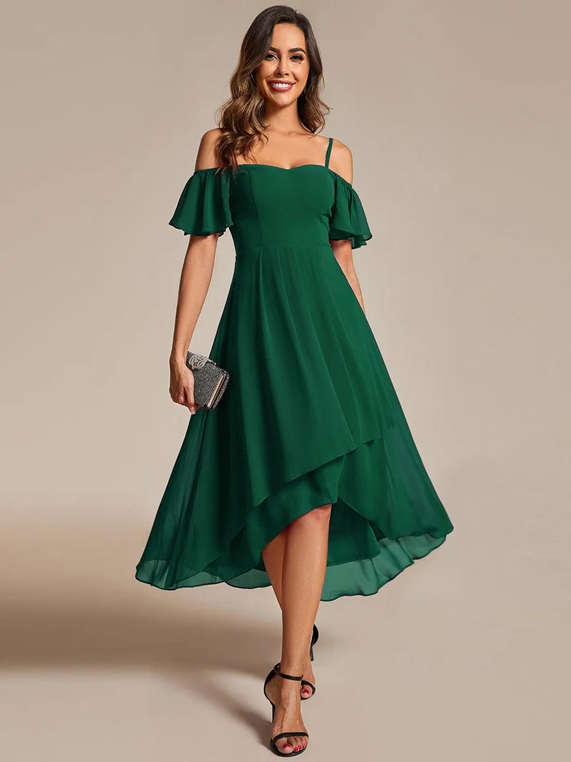 ever JORDANE|Robes d'invitées de mariage en mousseline épaules dénudées hautes et basses manches courtes