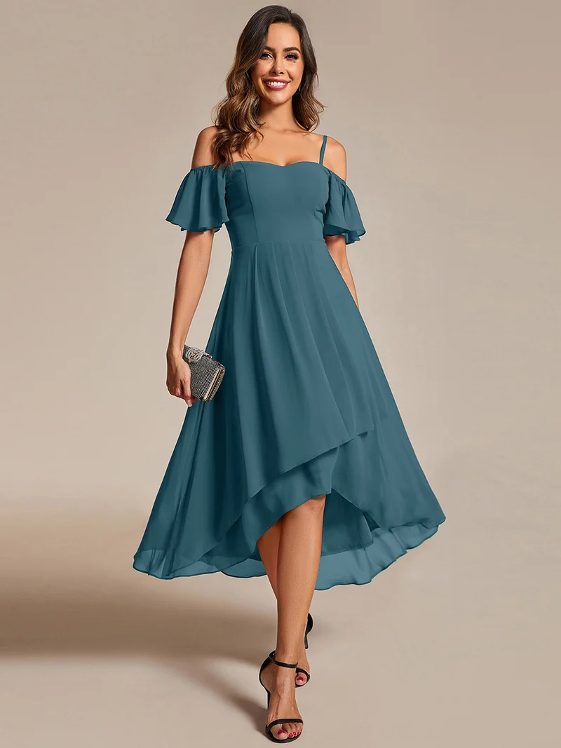 ever JORDANE|Robes d'invitées de mariage en mousseline épaules dénudées hautes et basses manches courtes (Vente finale)